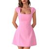 CPIDAH Abito Laurea Donna Tinta Unita, Vestito Mini con Scollo Squadrato E Maniche Corte, Gonna Ampia Canottiera Elegante per Cerimonia Fine Anno Rosa M