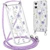 Krdvekm Cordino Cover per iPhone 16 Plus 6,7'', Aesthetic Fiori Motivo Disegno Magnetica Trasparente PC Compatibile con MagSafe Case Corda Laccio Antiurto Protettiva Custodia per Ragazze, Viola