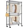 M MZG Appendiabiti a 3 Ripiani con Ruote, Scaffale Portaoggetti in Filo Metallico Resistente, con 2 Barre Appendiabiti e Ganci Laterali, Nero, 40 × 75 × 189,3 cm