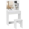 Tavolo Da Trucco A 3 Ripiani E Cassetti Con Specchio E Sgabello, In Truciolato, 75x40x137 Cm, Bianco