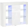Credenza Moderna A Anta Con Luci Led E Mensole In Vetro, Mobile Multiuso In Legno Con Finitura Lucida, 97x35x83cm, Bianco