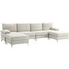 Divano Componibile 4 Pezzi Con Poggiapiedi E Cuscini, In Tessuto Effetto Ciniglia, 313x149x88 Cm, Bianco Crema