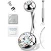 OUFER Piercing per ombelico ipoallergenico con moissanite da 14 G, in titanio G23 filettato internamente in argento/placcato oro 18 K, con kit per la cura con pietre di colore D VVS1 con taglio