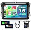 VECHTEL 4G+64G Autoradio Android 15 per VW Golf 5 6 Passat Jetta Caddy EOS T5 Tiguan CC Polo, 8'' HD Schermo Tactile co Carplay Android Auto senza Fili GPS WiFi USB Tipo-C Bluetooth RDS Camera
