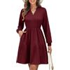 PASUDA Vestito Donna Manica Lunga Abito Maglia Elegante Abiti Midi Vestiti A Line Scollo a V Vita Alta Elastico Vita Autunno Inverno Primavera con Intascato Casual Vacanza Festival (Bordeaux, S)