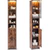 COSTWAY Mobile Alto da Bagno, Mobiletto a Colonna Stretto con Luci LED e Telecomando, Ante in Vetro e Mensole Regolabili, Armadio Salvaspazio a Terra per Soggiorno, 30 x 30 x 170 cm (Marrone Rustico)