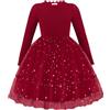 Arshiner Ragazza Abito Tulle Paillettes Bambina Colletto Plissettato A-Line Festivo Autunno Inverno Maniche Lunghe Abiti per Ragazze 6-7 Anni Rosso