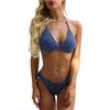 QIUFEN Set di Costumi da Bagno all'Uncinetto- Sexy Solid Hand-Knitted Crochet Bikini Two Pieces Set, Halter Bra Push Up Tie Top, Fashion Thong Suit Summer Swimsuit Beach Bathing Suit, Blue, S