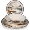 H&H, Set Tavola Silent Snow 12 Pezzi - Piatti in Stoneware con Decoro Boschi Invernali e Cerbiatto, Perfetto per Autunno/Inverno/Natale e Case in Montagna