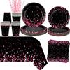 Obussgar Decorazione per feste di compleanno rosa e nero - stoviglie per feste di compleanno rosa e nero, tra cui piatti, bicchieri, tovaglioli, tovaglie, cannucce - per 20 persone