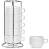 HOMEA Set 6 Bicchieri Caffè Espresso con Supporto Verticale in Metallo, Tazzine per Espresso 10cl in Ceramica Bianca Impilabili, Salvaspazio per Cucina e Coffee Station, Design Moderno Elegante