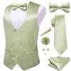 Hi-Tie Gilet da uomo formale in velluto Paisley tinta unita gilet cravatta papillon fazzoletto gemelli risvolto pin set smoking business, Verde salvia, M
