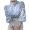 Minetom Donna Camicia Manica Lunga Blusa Elegante Maglietta Camicie in Pizzo Tinta Unita Oversize Scollo a V Shirt Top D Blu M
