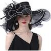 AHDMR Capeline Donna da Matrimonio in Organza - Cappello Elegante a Bordo Largo Anti-Sole/UV per Cerimonia, Chiesa, Sposa - Avvolgibile per Spiaggia, Viaggio, Serata, Nero , 56/58 cm