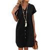 Zeagoo Vestito Donna in Lino Maniche Corte Estivo Vestiti Corto Abito da Spiaggia Abiti a Camicia con Tasche Scollo a V Copricostume Nero M