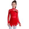 Loodgao Vestito Bambina Danza Lirica con Maniche Lunghe e Strass Costume Pattinaggio Artistico Abito da Danza Classica Ballerina Moderna Dancewear Rosso 11-12 Anni