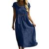Onsoyours Vestito Estivo Donna Lungo Bohémien Elegante Maniche Corte Abito in Cotone Lino Casual Chic Scollo Rotondo A-Linea Leggero E Traspirante Midi Abiti da Spiaggia Vacanza A Blu Scuro M