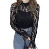 EMOTTOS Crop Tops in Pizzo da Donna, Maglia a Rete Trasparente Y2K Floreale con Increspatura a Mezza Altezza, Maglietta per Donna Escono dal Club e Fanno Festa, Nero, L