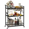 YAUKTAK Carrello Cucina con Ruote Carrello da Servizio con Portabottiglie e Supporti per Bicchieri Carrello Portaoggetti a 3 Ripiani per Bar Casa Cucina Nero GBC507B