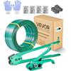 VEVOR Set di Reggiatura per Cinghie Plastiche, Rotolo di Reggetta in PET da 457 m, Kit di Reggiatrice Manuale per Spedizione Pallet Trasloco con 450 Sigilli Metallici, 150 Protezioni Angolari e Guanti