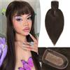 RUWISS Top centrale per capelli veri con frangetta,Corona Topper Clip per Le Donne per diradare i capelli7.5 * 13CM Base di seta 100% capelli umani veri Clip in Topper 35cm 45g Marrone scuro