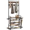 WOLTU Appendiabiti da Terra 4 in 1, Attaccapanni con Scarpiera, 9 Ganci Doppi, 4 Vassoi Laterali Rimovibili e Ripiano Superiore, in Legno e Metallo, per Ingresso, 80x30x190 cm, Marrone Rustico+Nero