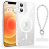 Doxxvai Cover Glitter per iPhone 12/12 Pro con Cordino da Polso per Cellulare, Custodia Magnetica Compatibile con MagSafe, TPU Antiurto Case con Laccio con Ciondolo Universale, Trasparente/Bianco