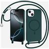 xinyunew Magnetica Cover con Cordino per iPhone 15 Plus,[Compatibile con MagSafe], Cover in Silicone, Regolabile Cordino da Collo Nylon Catena Collana Tracolla,verde scuro