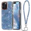 LCHULLE per iPhone 15 Pro Cover con Tracolla glitter e strass, Blu | Custodia silicone texture Madreperlaceo iridescente, Cordino decorato con strass per ragazze, Lamina IMD Lanyard Case
