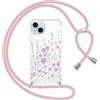 Gcxvaoi Cover con Cordino per iPhone 15, Aesthetic Fiori Disegni Custodia con Collana Tracolla Laccio Corda, Trasparente Sottile TPU Silicone + PC Antiurto Case per iPhone 15, Rosa 02