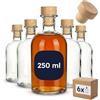 gouveo Set da 6 bottiglie da farmacia rotonde (0,25 l) con tappo in sughero con pomello in legno bottiglia di vetro trasparente per liquori sciroppi olio aceto piccole dosi (AFRT250HGK)