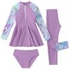 Generico Costume Tre Pezzi Ragazza Manica Lunga Pantaloni Lunghi con Cuffia per Nuoto Mare Piscina Costume Tre Pezzi Bambina Protezione con Design Moderno E Confortevole(Purple, 7-8Years)