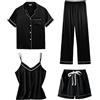 Generic Pigiama da Donna, 4 Pezzi, in Raso, Sexy, per la casa, Estivo, per Ragazze, in Seta, a Maniche Corte, da Notte, con Bottoni, Maglietta + Top + Pantaloni Baggy + Pantaloncini Corti
