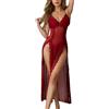 KFLY Lingerie sexy da donna, babydoll in pizzo, sottoveste lunga, scollo a V profondo, camicia da notte con spacco alto, camicia da notte trasparente in rete, senza maniche, biancheria da notte con