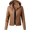 OULIWANGLUO Giacca da donna in pelle con cappuccio, spessa, comoda, traspirante, giacca slim in ecopelle da biker per autunno e inverno, marrone, XXL