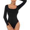 ONEW Body da donna a maniche lunghe intimo basic girocollo aderente perizoma camicette traspirante, Nero , S