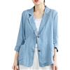 IQYU Blazer da donna in lino, estivo, leggero, elegante, a maniche lunghe, con maniche a 3/4, leggero, con bottoni, giacca estiva leggera, per la primavera e le mezze stagioni, Blu, XL