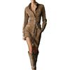 Generico Abito Camicia Vintage in Camoscio Donna - Colletto a Unica Riga di Bottoni Midi Cintura Slim Fit Outfit per Appuntamenti e Feste