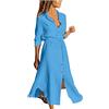 WOXIHUAN Abiti da Donna Abito Lungo Abito Lungo a Maniche Lunghe in Cotone Lungo in Lino Camicetta Elegante Abiti Estivi Casual Larghi Tinta Unita Celeste L