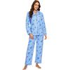 Global - Pigiama da donna, 100% flanella di cotone, con bottoni frontali, pantaloni con coulisse, Fiore Elegante Blu, XL