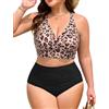 Nadeer Due Pezzi Taglie Forti Bikini Donna Mare Curvy Vita Alta Push Up Estate Effetto Snellente Costume da Bagno Donna Due Pezzi(XXL,Stampa Leopardata/Nero)