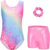 Arshiner Body Ginnastica Bambina Set Danza Ritmica Artistica Tuta Sportiva Senza Maniche Shorts Metallizzati Fascia Capelli Elastico Abbigliamento Fitness Balletto Costume Spettacolo Bambina 3-10 Anni