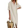 shownicer Vestiti Donna Estivi Abito in Lino Scollo a V Manica Corta Vestiti Casual Tinta Unita Vestito Lunga Camicia Vestiti da Spiaggia Midi Dress