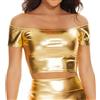 Gatielzana Top corto metallico lucido da donna con spalle scoperte reggiseno a tubo per rave, festival, costumi, Oro, S