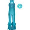 Moggemol Bambina Costume Da Ballo Anni 70 80 Glitter Jumpsuit Disco Pantaloni A Zampa Elastico Per Capelli Abito Da Spettacolo E Festa Blu 13-14 anni