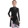 Sywiyi Vestito da ragazza per pattinaggio artistico con glitter a maniche lunghe, abito da ballo, leotardo con gonna per bambini, balletto, allenamento, palcoscenico, Nero , 146-152 cm