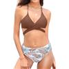 SHEKINI Costume da bagno da donna di colore scuro, con reggiseno push up, bikini a vita alta, bikini a due pezzi, Stampa marrone ramato, M