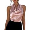 RWGSNB Canotta Donna Raso di Seta con Scollo Cascata Arricciato Top all'Americana Canotta Estiva alla Moda Camicetta Elegante Senza Maniche Raso T-Shirt Casual Sera per Feste Rosa L