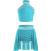 LiiYii Costume da Danza del Ventre Bambina Halter Crop Top di Paillettes con Gonnellino Vestito Danza Ballo Latino Americano Abito da Pattinaggio Artistico Blu Verde 5-6 Anni