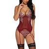KOEMCY Lingerie Donna Sexy Completi Intimi Donna Pizzo Babydoll Lingerie Set Reggicalze Camicia da Notte Trasparente Scollo a V Pizzo Cinghie Incrociate Lingerie (Rosso, XL)